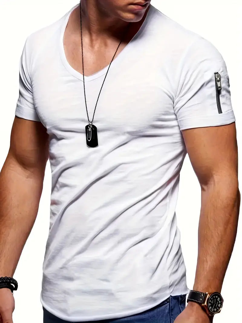 Slim Fit T-Shirt Gola V com Zíper para Homem | Perfeito para a primavera/verão